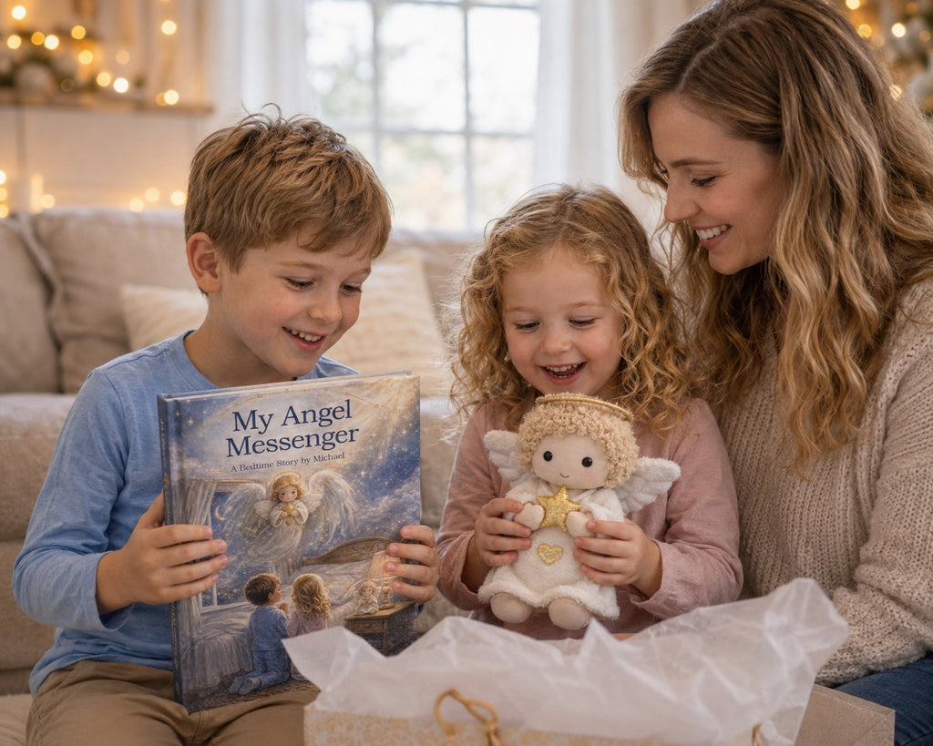 Family reading My Angel Messenger™ storybook with the plush Angel companion