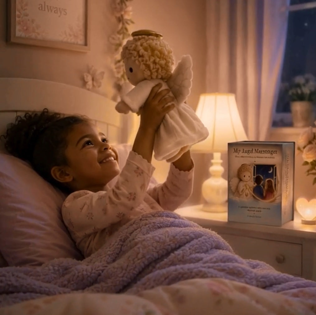 Child holding the My Angel Messenger™ plush Angel companion
