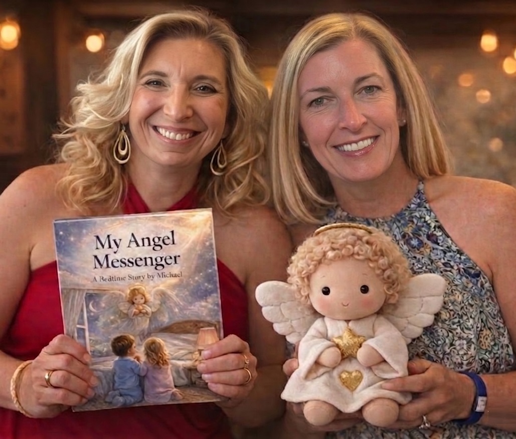 Justine and Veronica holding My Angel Messenger book and plush angel