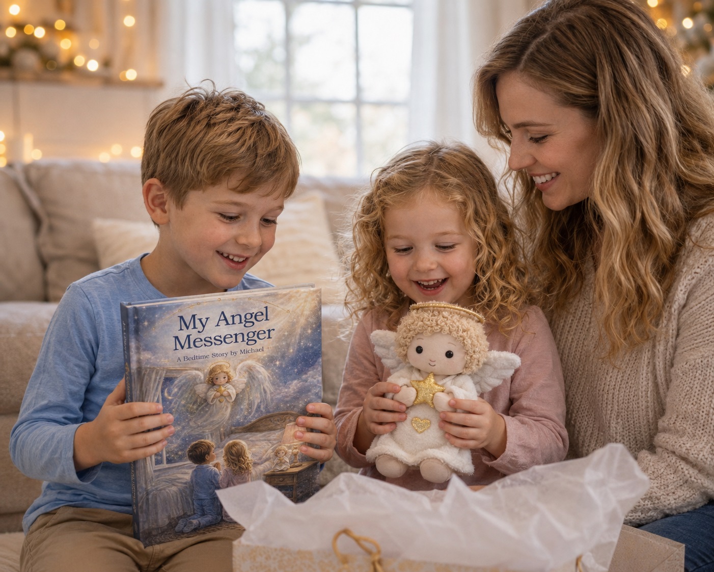 Family opening My Angel Messenger book and plush angel gift