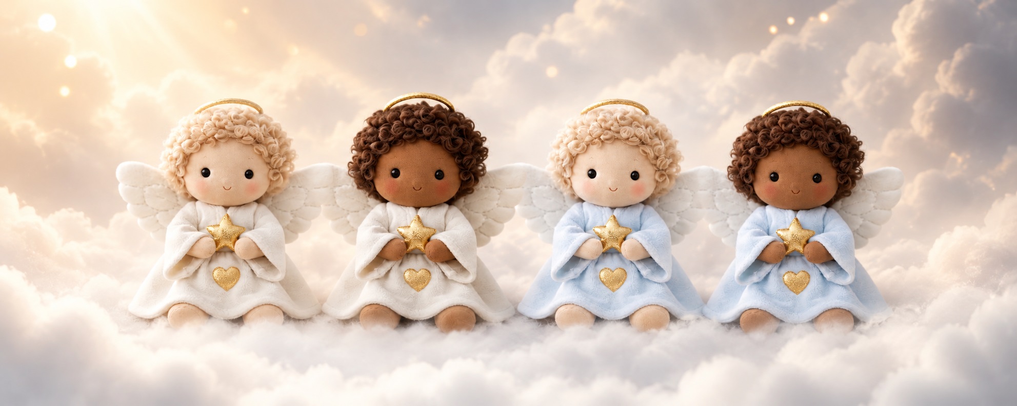 Four Angel Messenger plush angels resting on clouds